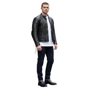 Vintage Black Leather Motorcycle Jacket Mens Size 42 Biker Side Tie Lined